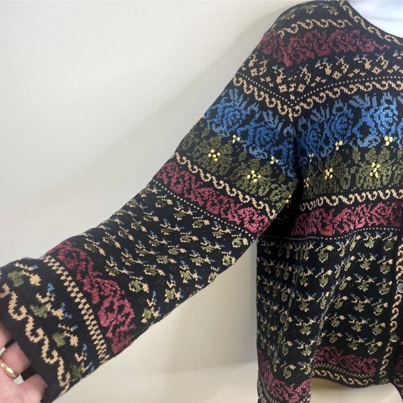 Appleseeds Vintage Apres Ski Dark Fair Isle Sweater Large Chenille Cardigan Cozy - Picture 6 of 13